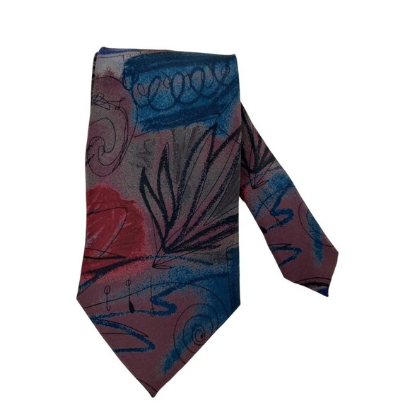 Guytone Mens Abstract Floral Art Design Red, Blue and Gray Silk Tie - Picture 6 of 8